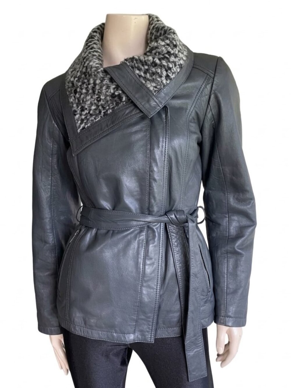 Hide House Gray Leather Jacket Sz M Belted Zip Wool Collar Moto